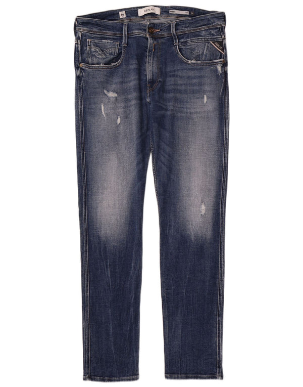 Replay Mens Anbass Distressed Slim Jeans W34 L32 Blue Cotton