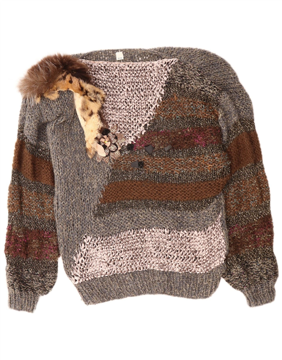 ВИНТАЖНЫЙ женский джемпер с вырезом «лодочка» EU 40/42, средний серый цвет с цветными блоками