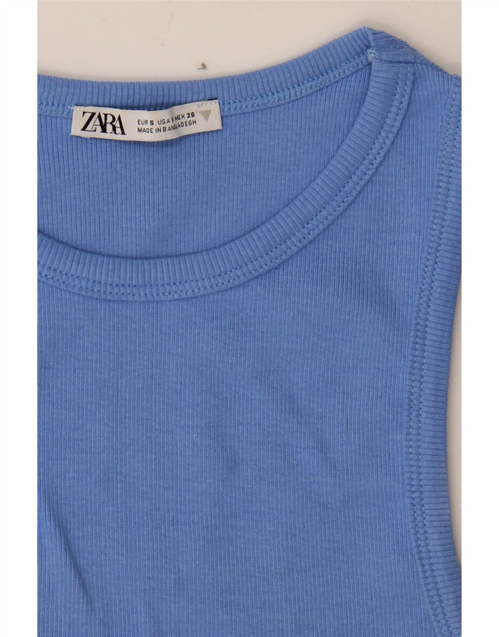 ZARA Womens Slim Crop Top UK 8 Small Blue Cotton Vintage Zara and Second-Hand Zara from Messina Hembry 