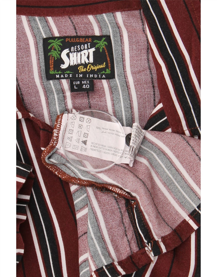 Мужская рубашка с коротким рукавом PULL & BEAR, большая бордовая полоска из вискозы