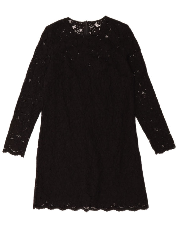 Винтажное женское платье прямого кроя с длинными рукавами, Великобритания 12, средний черный цветочный полиэстер