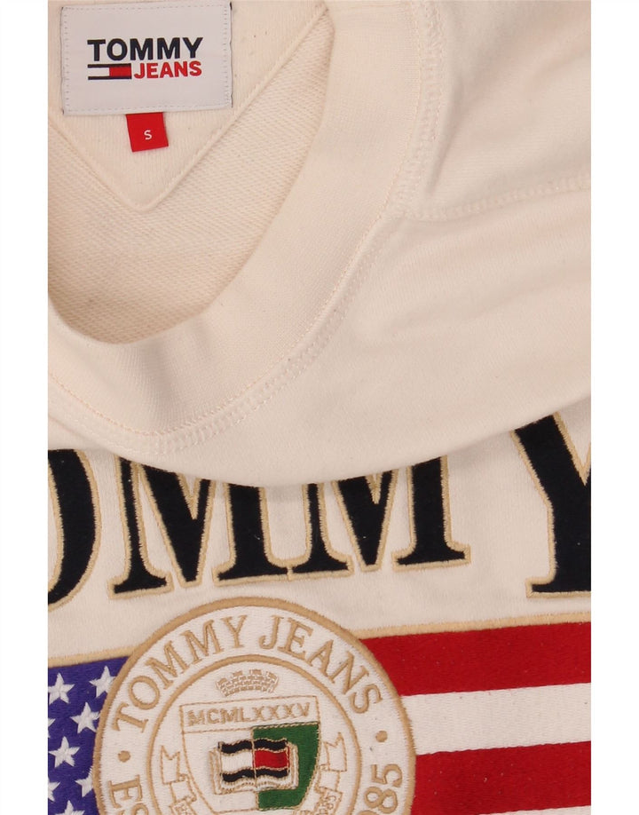 TOMMY HILFIGER Womens Graphic Sweatshirt Jumper UK 10 Small Off White Vintage Tommy Hilfiger and Second-Hand Tommy Hilfiger from Messina Hembry 