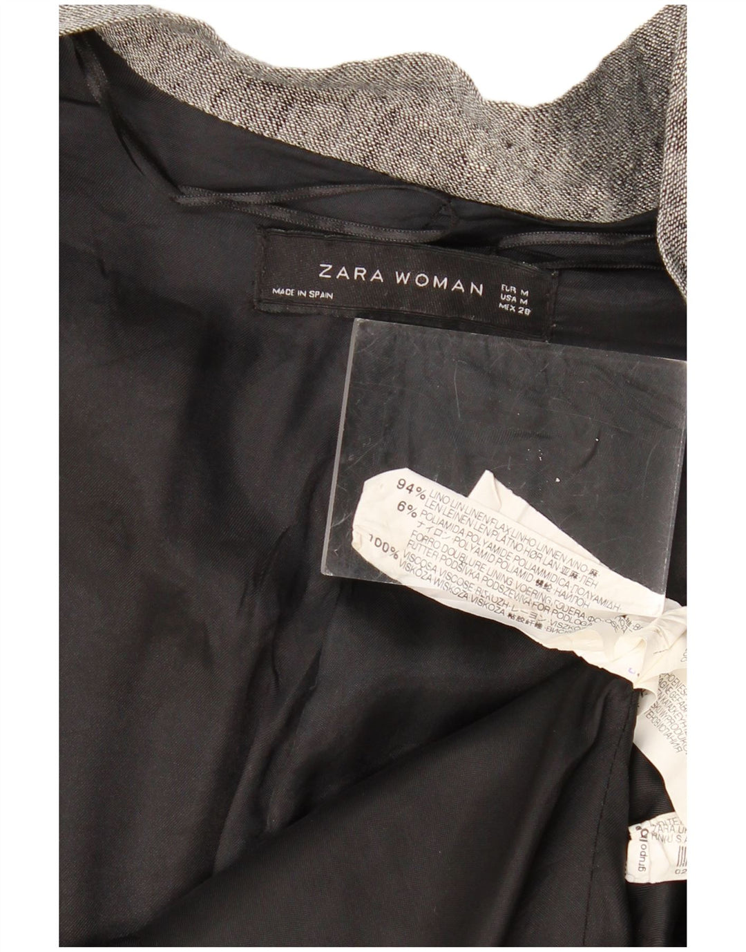 Женский пиджак ZARA с завязкой спереди, Великобритания 14, льняной цвет среднего серого цвета с цветными блоками