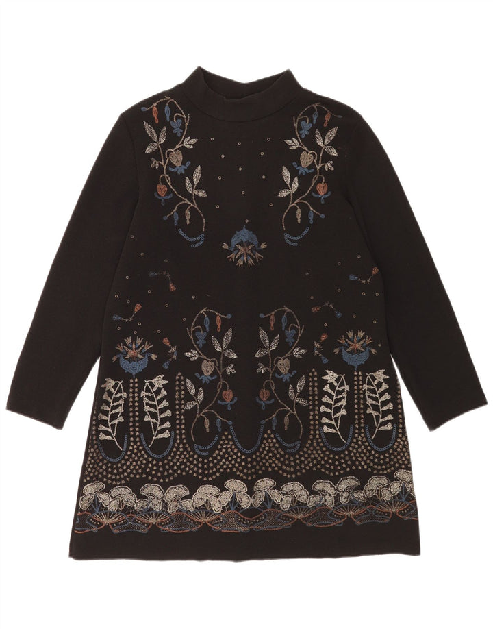 Женское платье прямого кроя с длинными рукавами Zara UK 14, средний черный полиэстер с цветочным принтом
