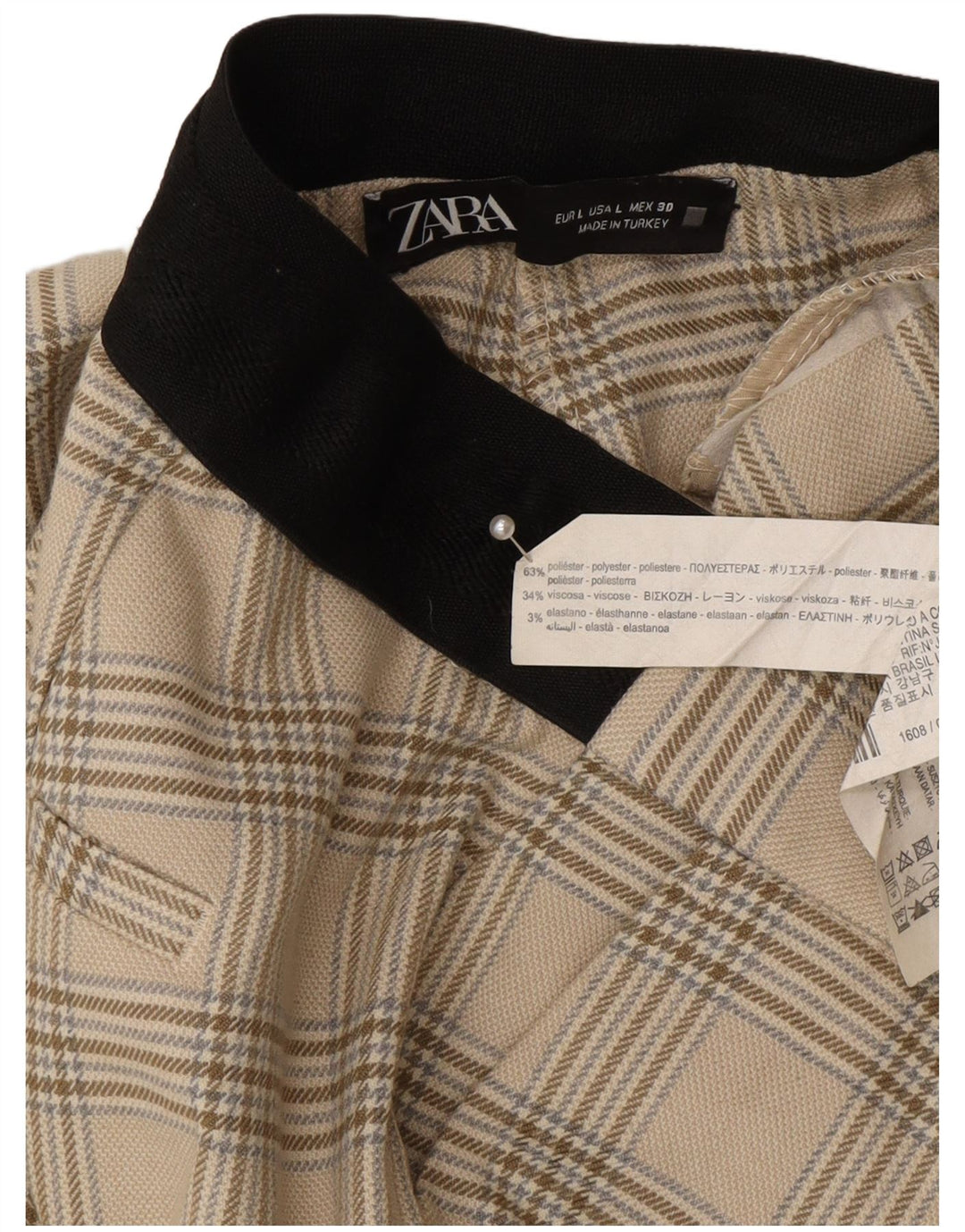 Женские зауженные костюмные брюки Zara, большие W30 L27, полиэстер в бежевую клетку