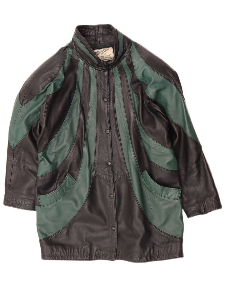 Винтажная женская кожаная куртка свободного кроя EU 46 XL, черная кожа с цветными блоками