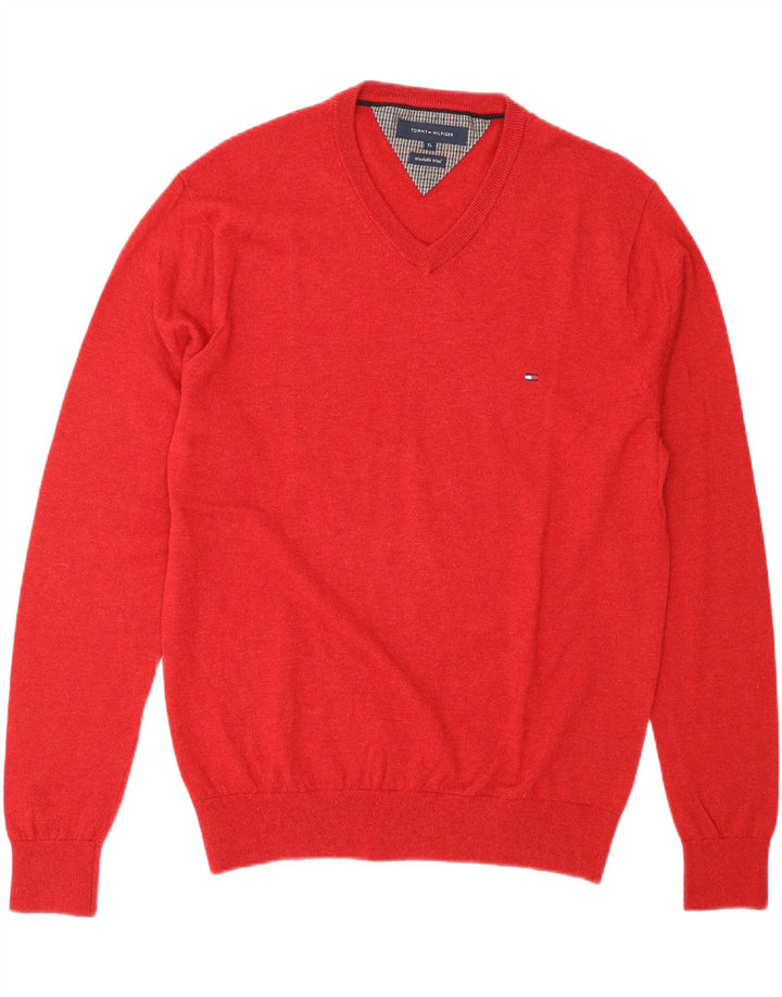 TOMMY HILFIGER Mens V-Neck Jumper Sweater XL Red Lambswool Vintage Tommy Hilfiger and Second-Hand Tommy Hilfiger from Messina Hembry 