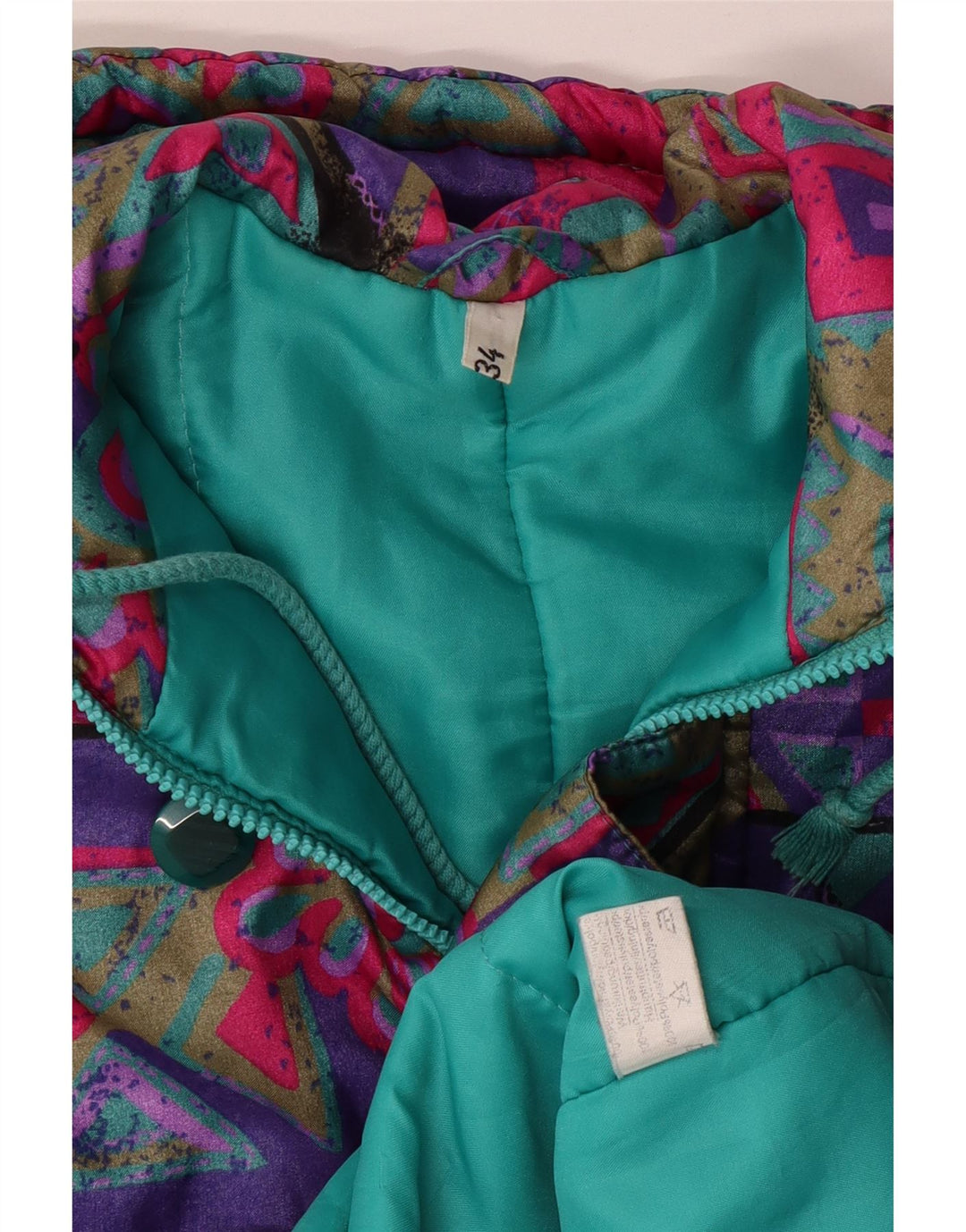 ВИНТАЖНОЕ Пальто-ветровка с капюшоном для девочек 15-16 лет, разноцветное с геометрическим узором