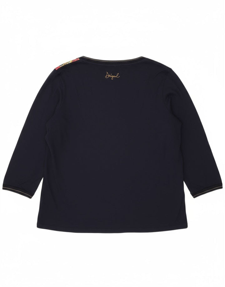 DESIGUAL Womens Top 3/4 Sleeve UK 14 Medium Navy Blue Floral