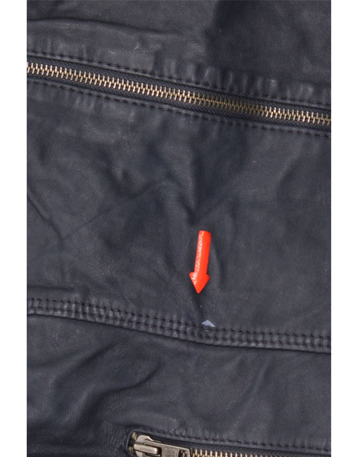 Женская кожаная куртка с капюшоном Superdry UK 14, кожа темно-синего цвета среднего размера