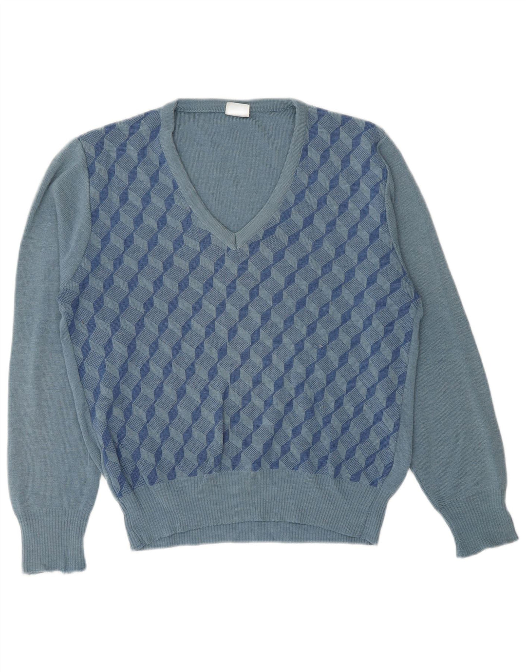 VINTAGE Womens V-Neck Jumper Sweater UK 14 Medium Blue Geometric Wool
