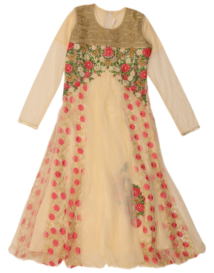 ВИНТАЖНОЕ женское платье А-силуэта с длинными рукавами, США 6, средний бежевый с цветочным принтом