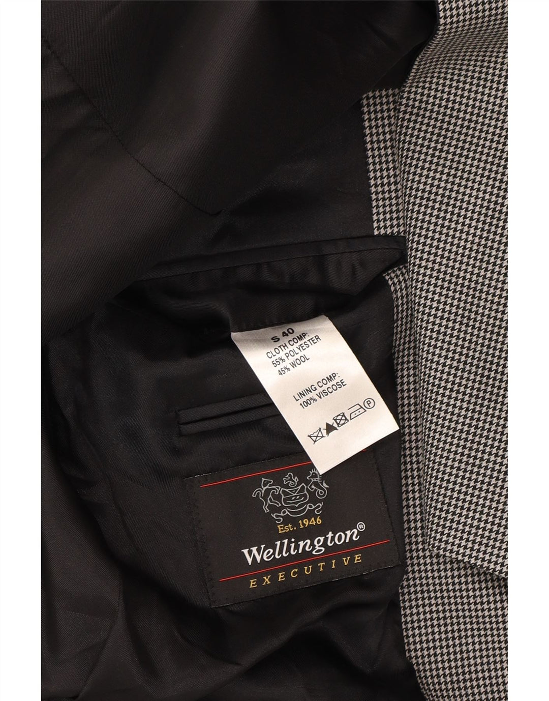 WELLINGTON Mens Slim 2 Button Blazer Jacket UK 36 Small Grey Houndstooth Vintage Wellington and Second-Hand Wellington from Messina Hembry 