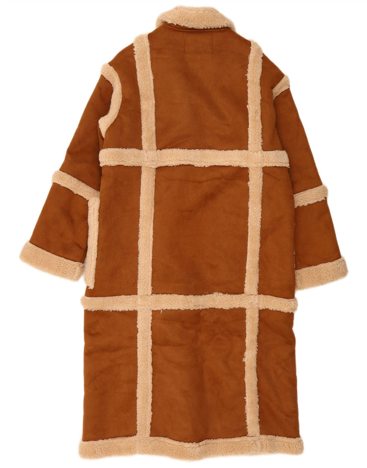 K. ZELL Женское пальто из шерпы свободного кроя UK 14 Средне-коричневый с геометрическим рисунком