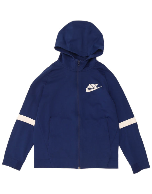 NIKE Boys Zip Hoodie Sweater 12-13 Years Large Navy Blue Colourblock