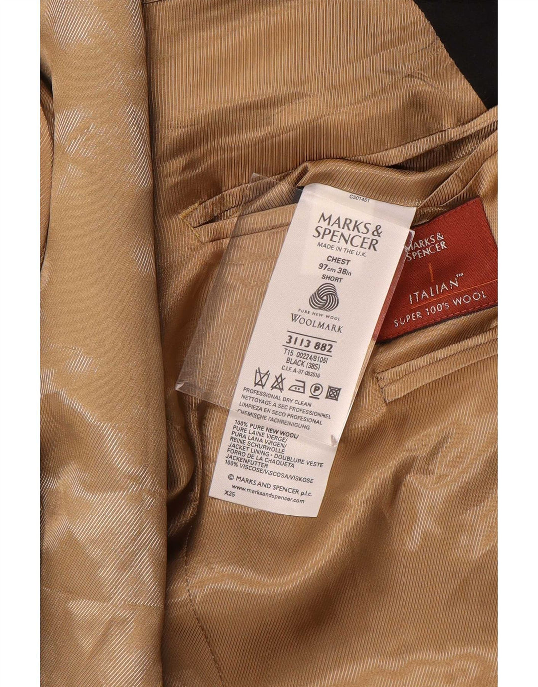 Мужской пиджак на 1 пуговице Marks & Spencer UK 38, средний черный, шерстяной