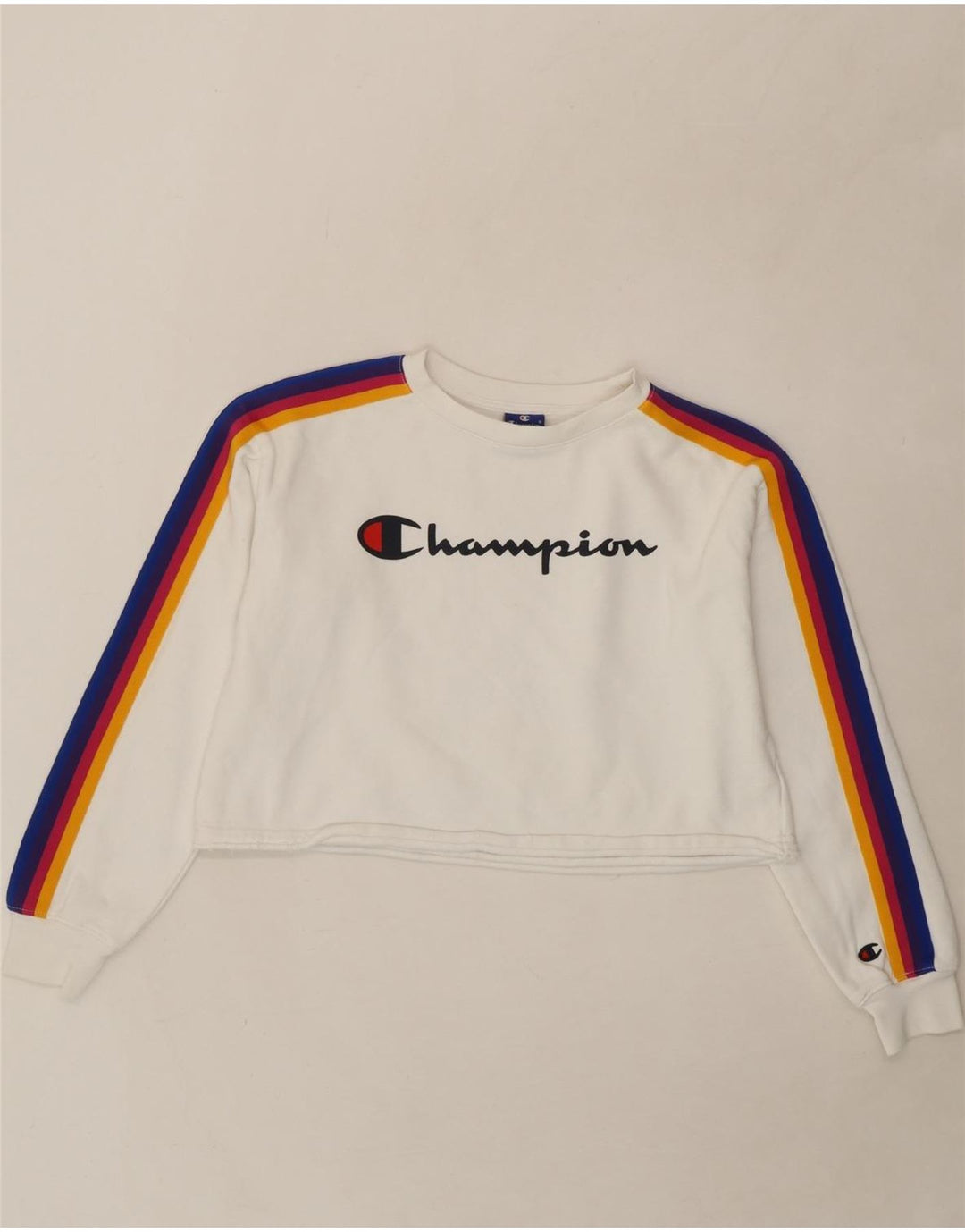 CHAMPION Womens Oversized Crop Sweatshirt Jumper UK 10 Small White Vintage Champion and Second-Hand Champion from Messina Hembry 