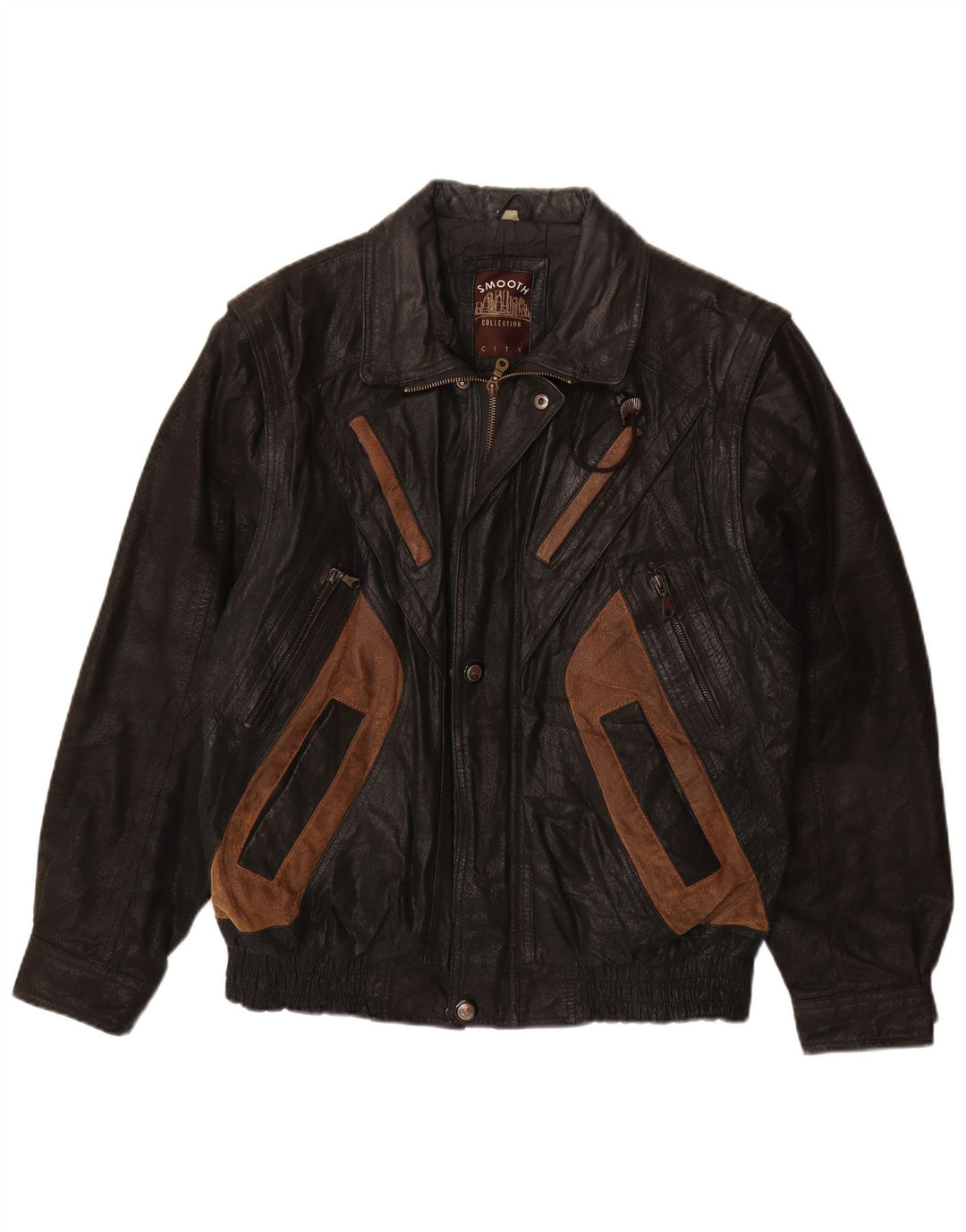 Мужская кожаная куртка VINTAGE UK 40, большая черная кожа с цветными блоками