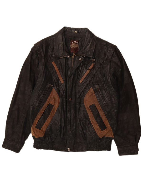 Мужская кожаная куртка VINTAGE UK 40, большая черная кожа с цветными блоками