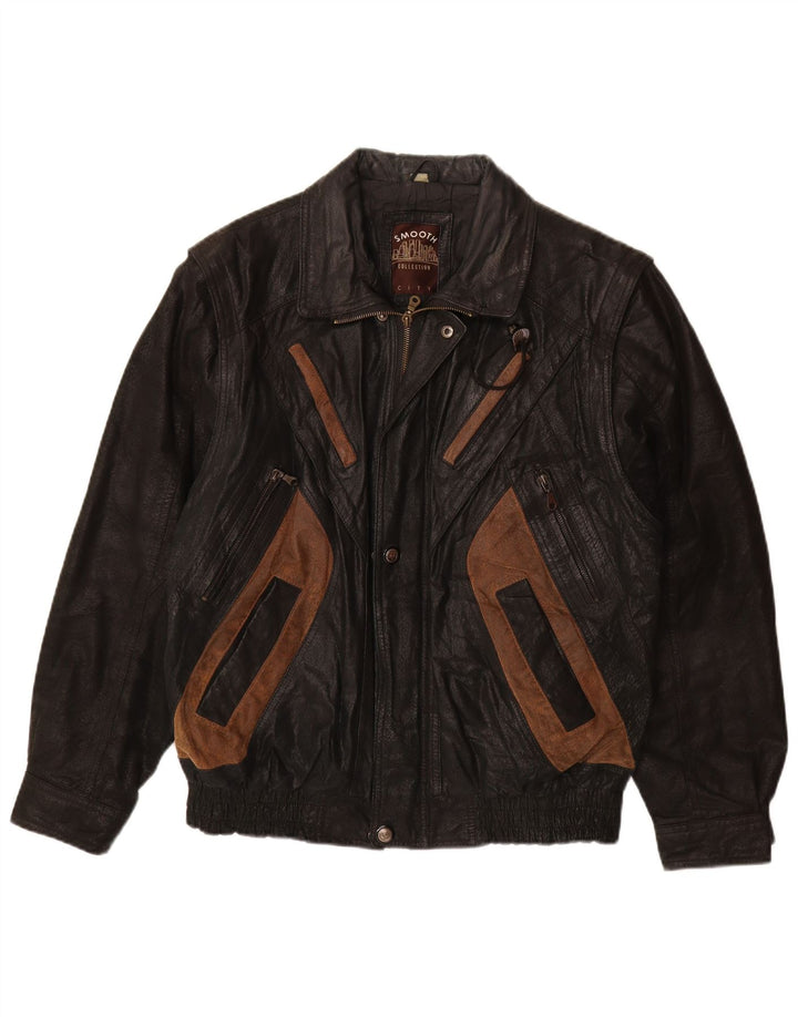 Мужская кожаная куртка VINTAGE UK 40, большая черная кожа с цветными блоками