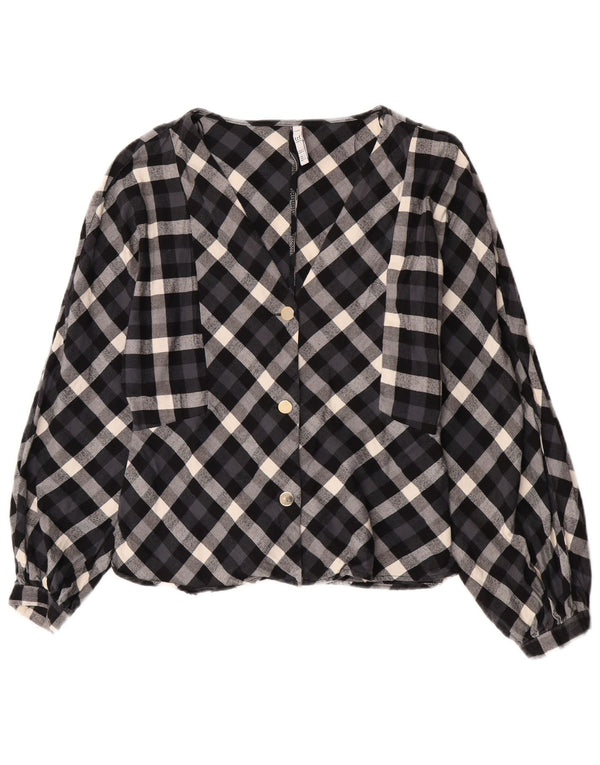 Zara Womens Crop Shirt Blouse UK 14 Large Navy Blue Check Cotton