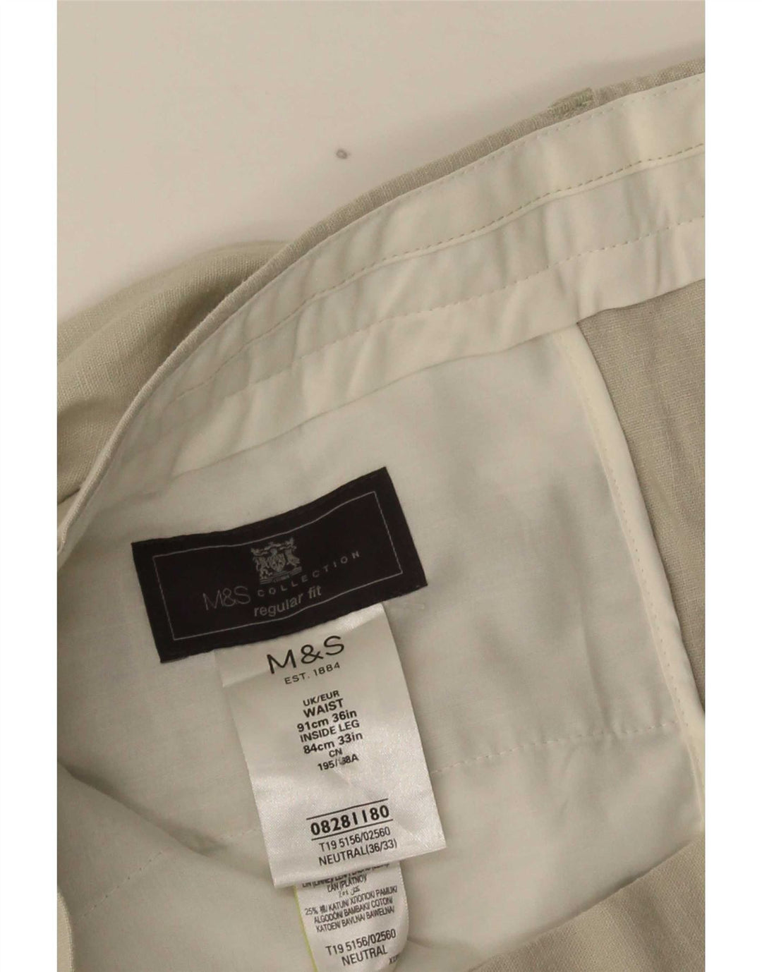 Мужские брюки чиносы Marks & Spencer стандартного кроя W36 L33 Бежевый лен