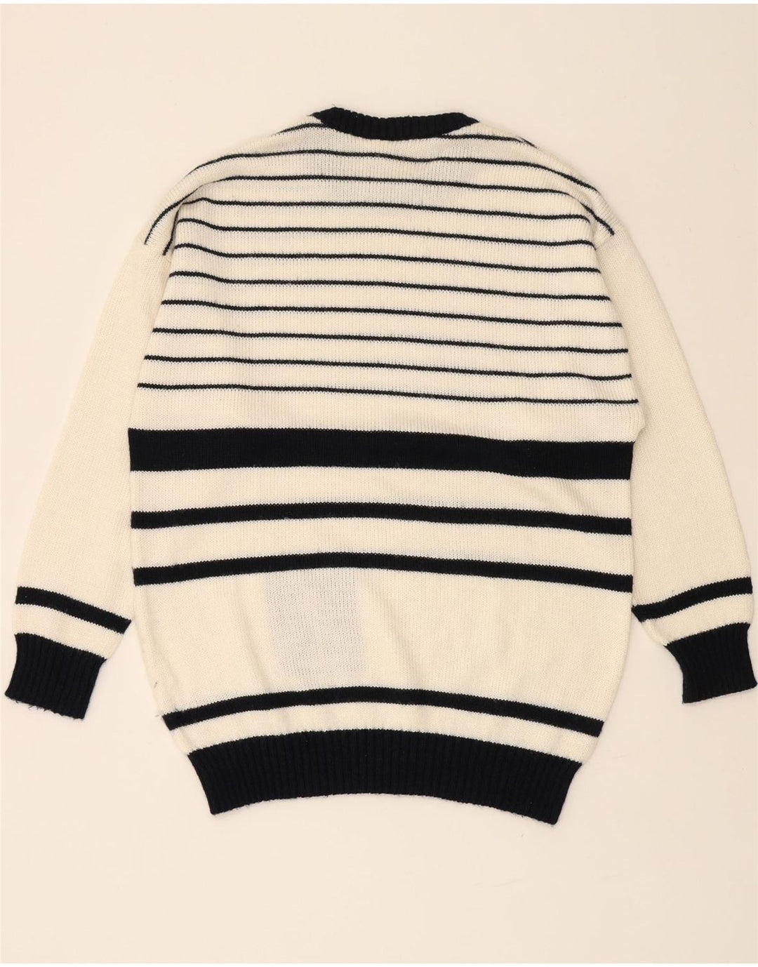 VINTAGE Mens Crew Neck Jumper Sweater IT 50 Medium White Striped Vintage Vintage and Second-Hand Vintage from Messina Hembry 