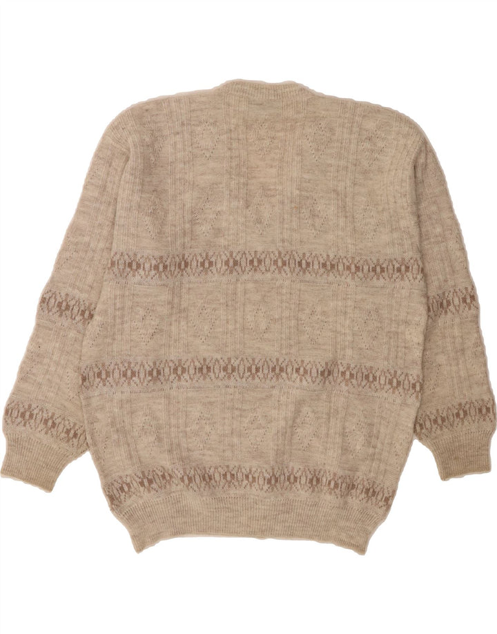 VINTAGE Mens V-Neck Jumper Sweater Medium Beige Argyle/Diamond Acrylic Vintage Vintage and Second-Hand Vintage from Messina Hembry 