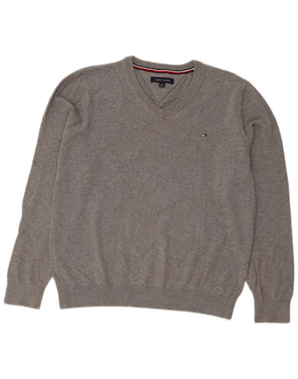 Мужской джемпер с v-образным вырезом Tommy Hilfiger, большой серый хлопковый крапчатый свитер