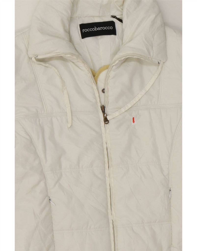 ROCCOBAROCCO Womens Graphic Padded Jacket US 8 Medium White Polyester Vintage Roccobarocco and Second-Hand Roccobarocco from Messina Hembry 