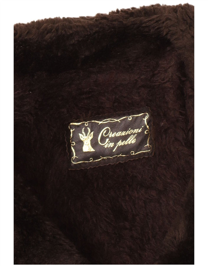 Винтажное мужское двубортное пальто из овчины UK 36 маленькое коричневое кожаное