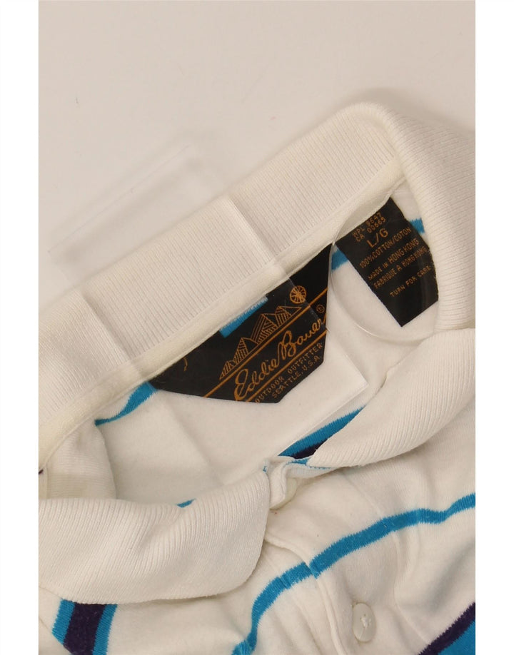 EDDIE BAUER Mens Polo Shirt Large White Striped Cotton Vintage Eddie Bauer and Second-Hand Eddie Bauer from Messina Hembry 
