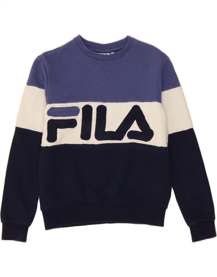 FILA Womens Graphic Sweatshirt Jumper UK 2 2XS Multicoloured Colourblock Vintage Fila and Second-Hand Fila from Messina Hembry 
