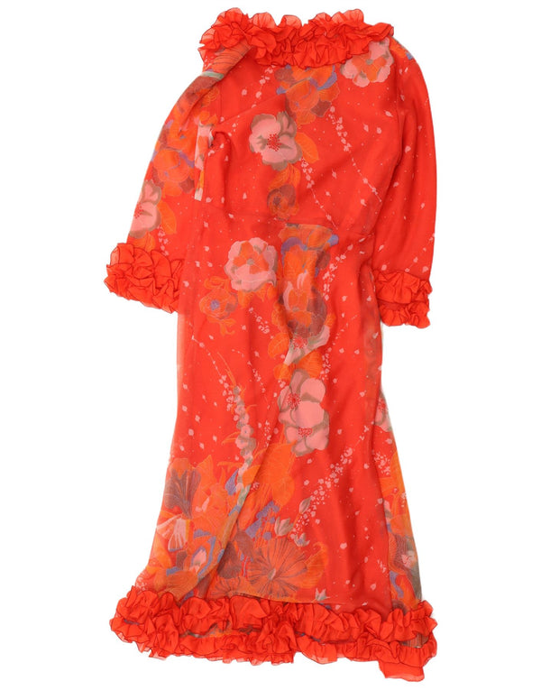 ВИНТАЖНОЕ женское платье макси с рюшами, Великобритания, 12, средний красный цвет с цветочным принтом