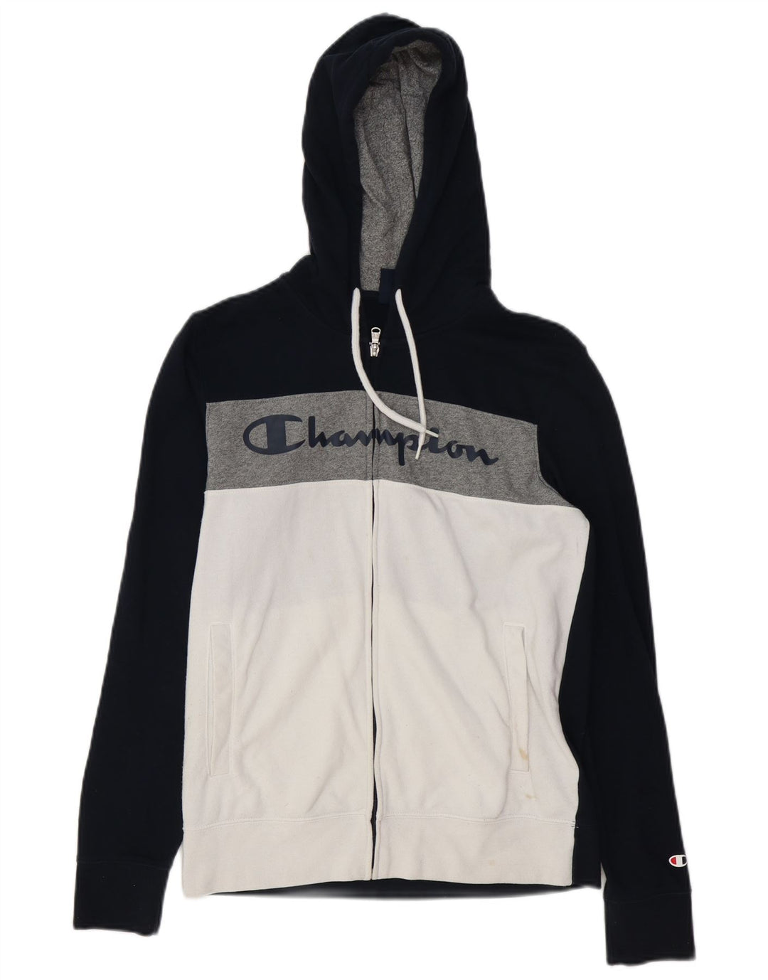 Мужской свитер с капюшоном на молнии с графическим рисунком Champion, маленький, темно-синий, с цветными блоками