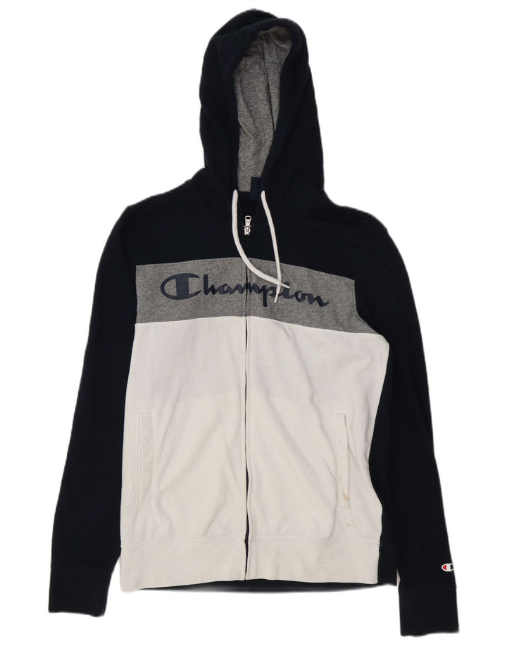 Мужской свитер с капюшоном на молнии с графическим рисунком Champion, маленький, темно-синий, с цветными блоками