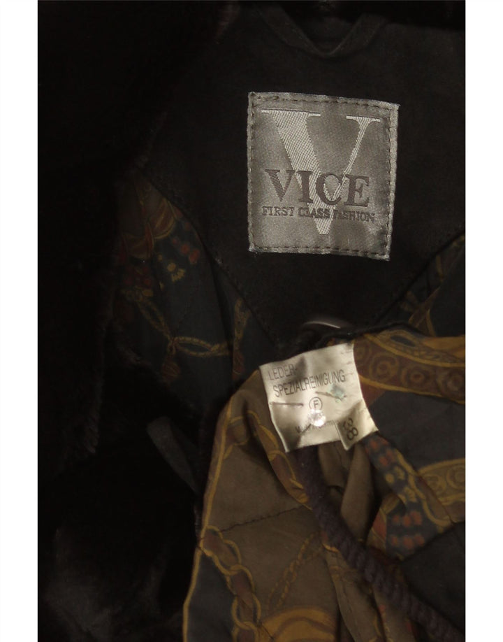 Винтажное женское замшевое пальто большого размера EU 38, средний черный кожаный цвет