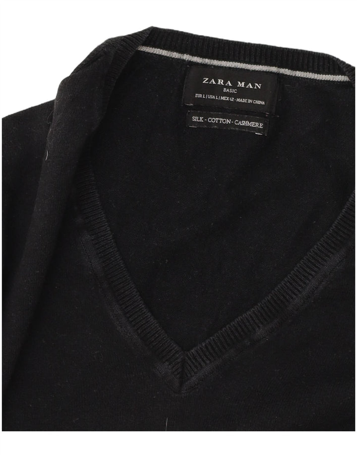 Мужской джемпер с v-образным вырезом Zara, большой черный хлопковый свитер