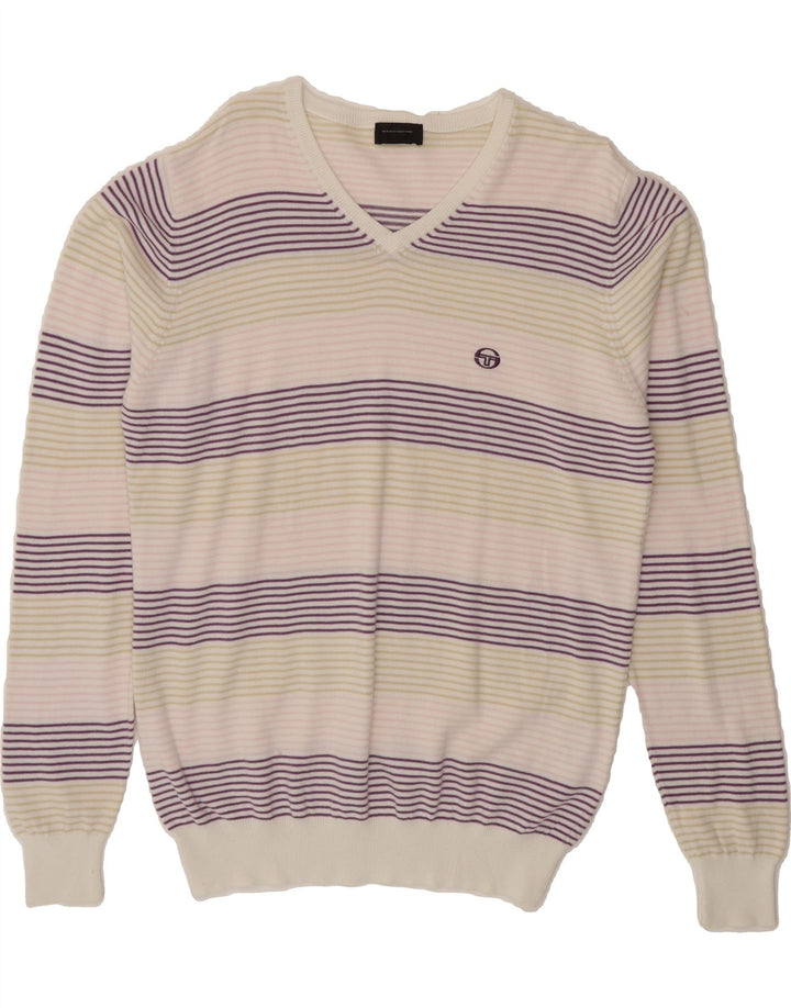 SERGIO TACCHINI Mens V-Neck Jumper Sweater Medium Multicoloured Pinstripe Vintage Sergio Tacchini and Second-Hand Sergio Tacchini from Messina Hembry 
