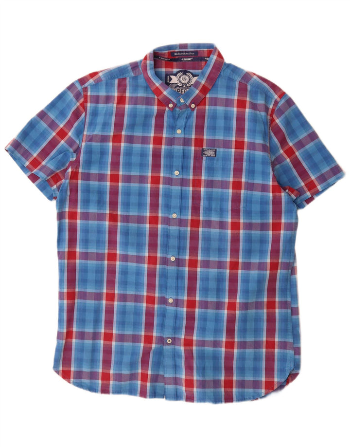 Superdry Мужская рубашка с коротким рукавом 2XL, синяя клетка, хлопок