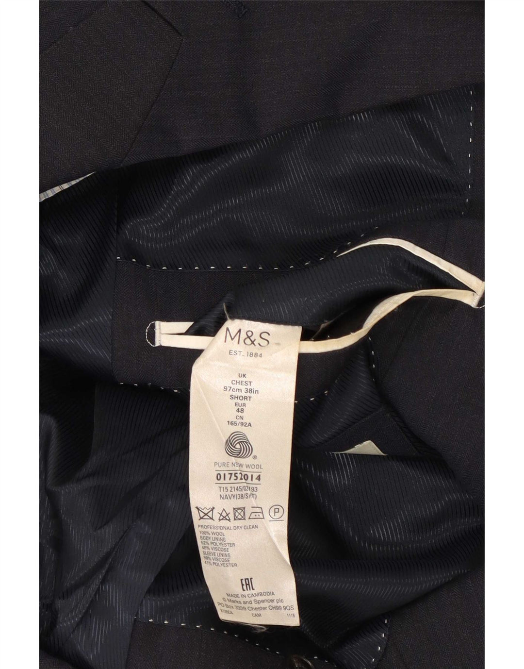 Мужской пиджак на двух пуговицах Marks & Spencer UK 38, средний темно-синий, шерстяной