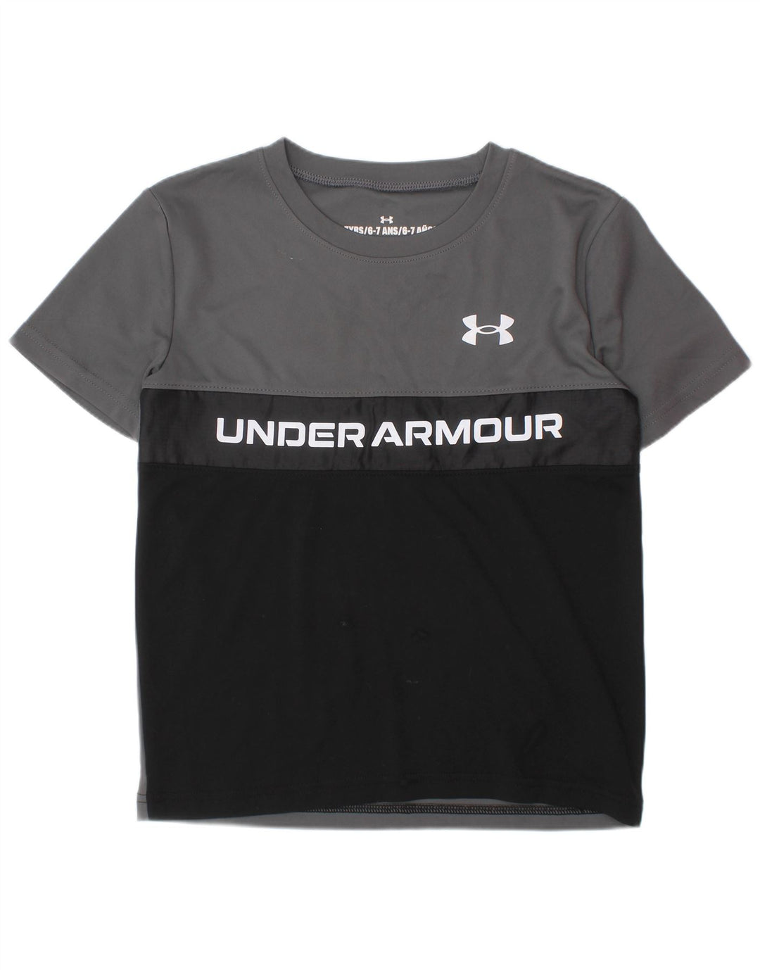 Футболка с рисунком для мальчиков UNDER ARMOR, топ 6–7 лет, серый полиэстер с цветными блоками