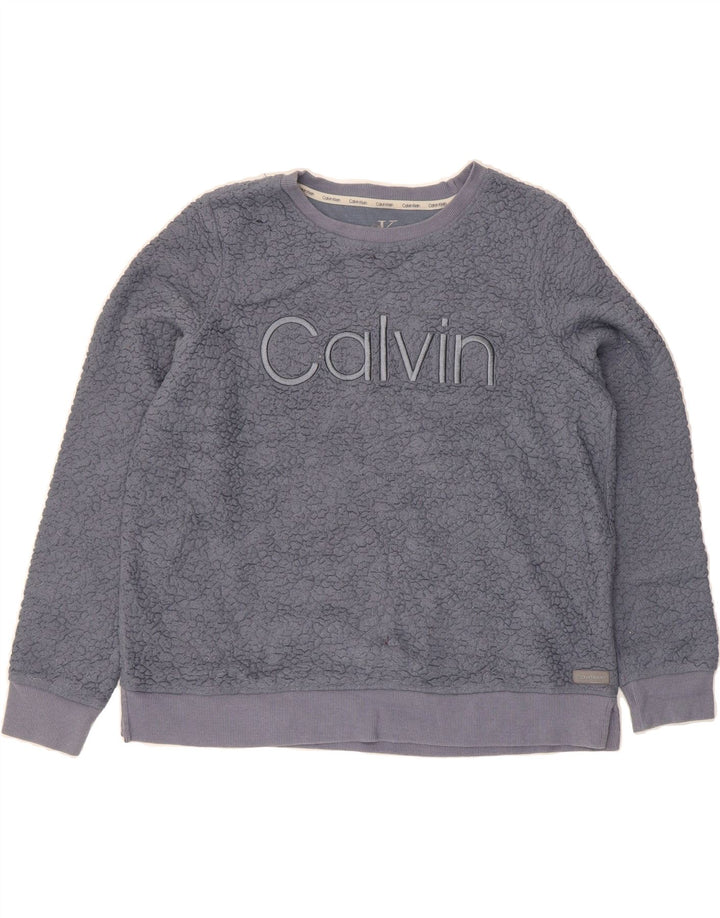 CALVIN KLEIN Womens Graphic Fleece Jumper UK 14 Medium Grey Polyester Vintage Calvin Klein and Second-Hand Calvin Klein from Messina Hembry 