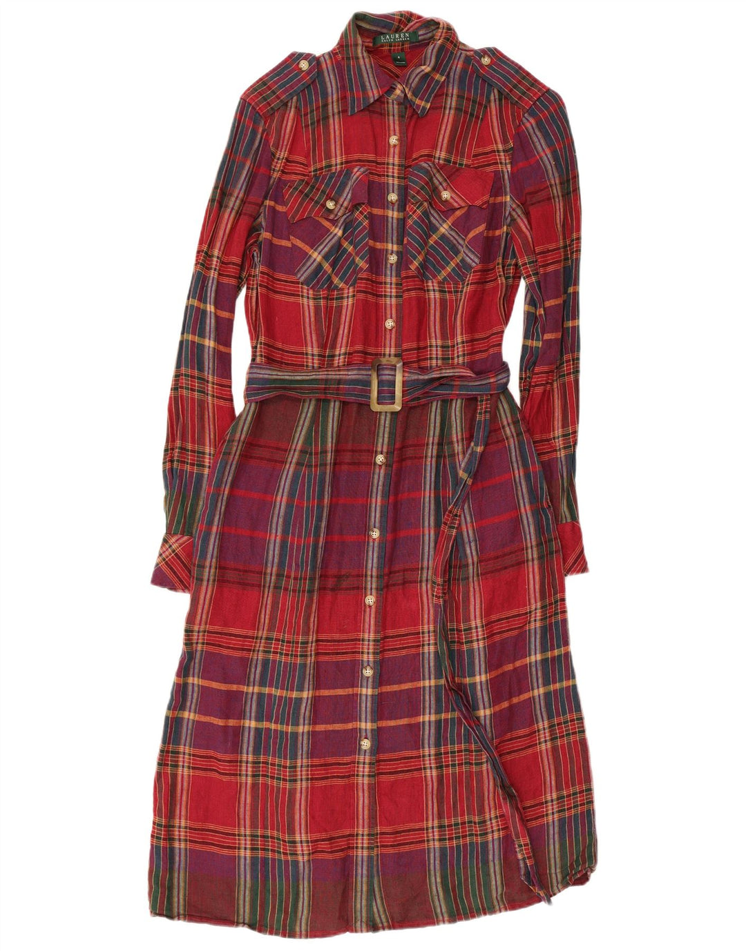 Женское платье-рубашка в стиле милитари RALPH LAUREN, размер США 4, маленькое красное льняное платье в клетку
