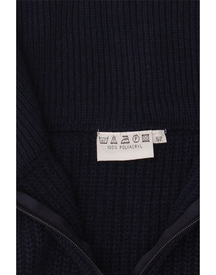 Винтажный мужской свитер с воротником на молнии IT 52, большой темно-синий полиакрил