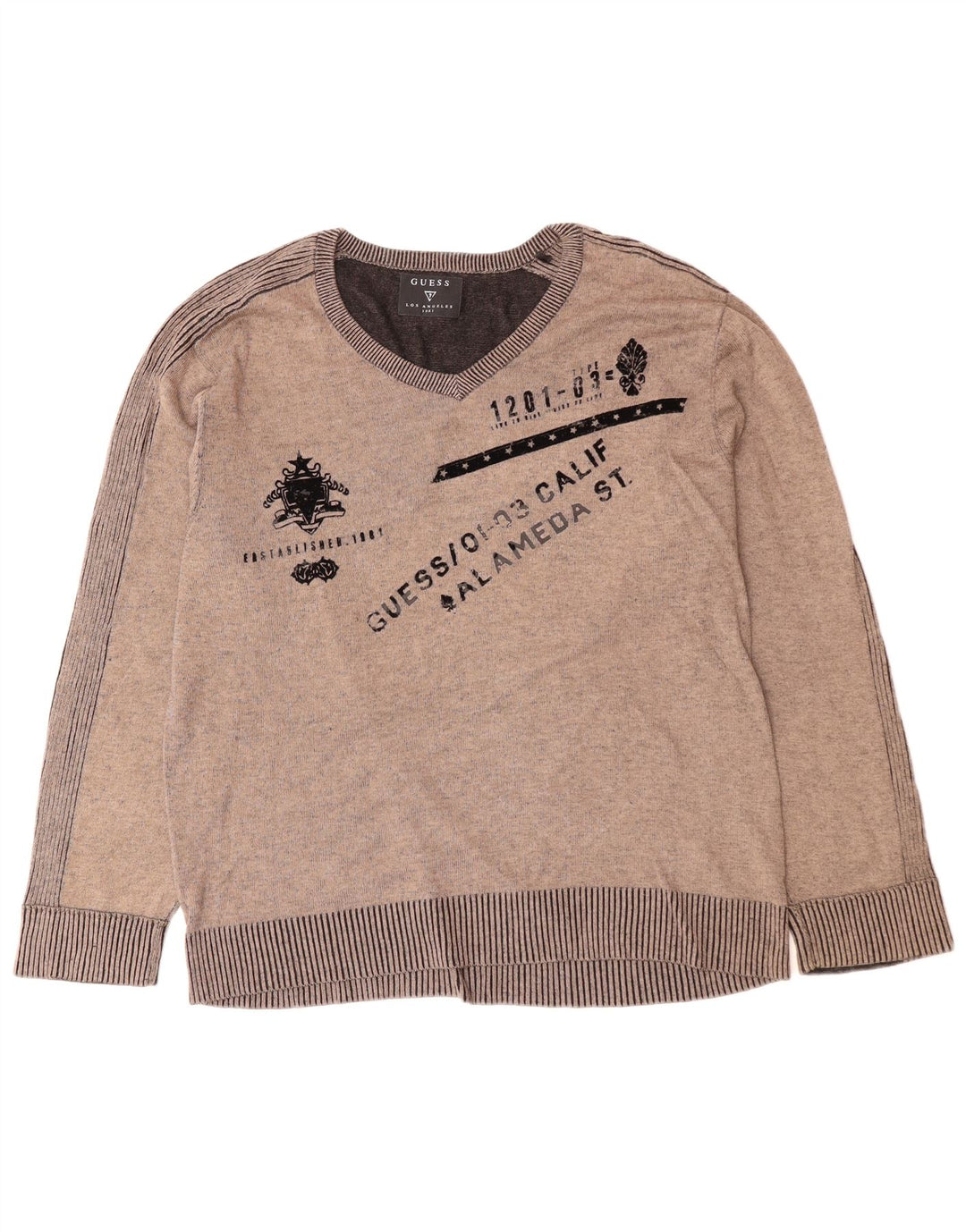 GUESS Мужской джемпер с V-образным вырезом и рисунком, XL, серый