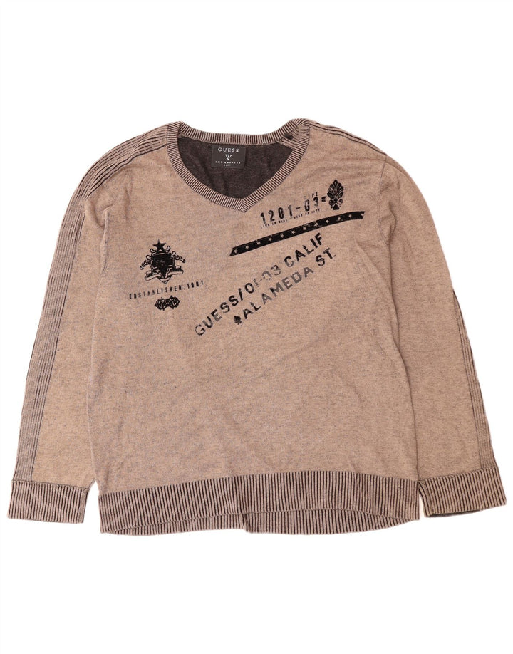 GUESS Мужской джемпер с V-образным вырезом и рисунком, XL, серый