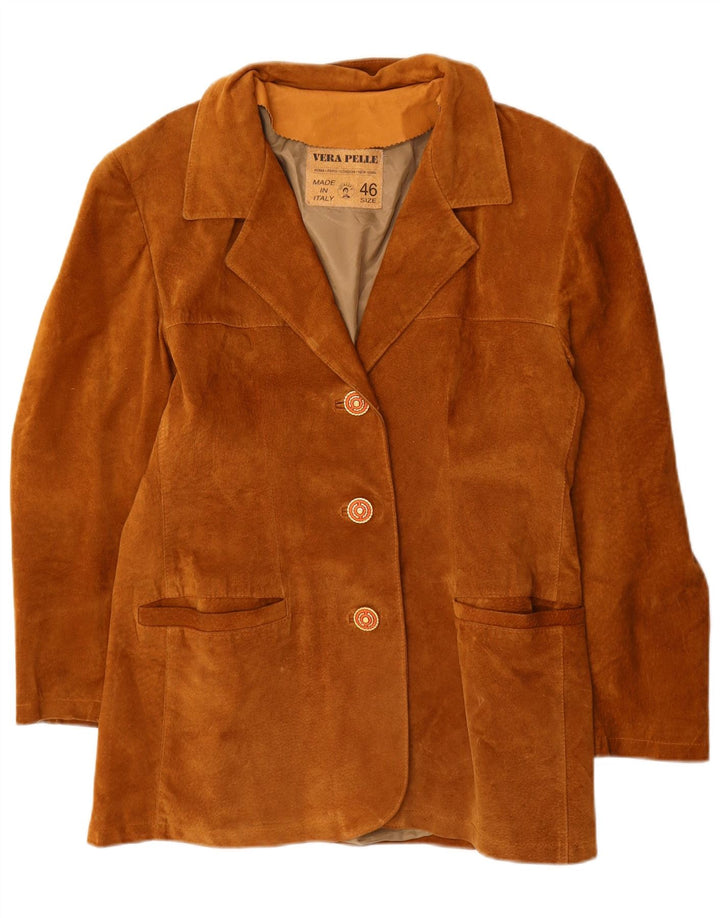 ВИНТАЖНЫЙ женский замшевый пиджак на 3 пуговицах IT 46, большой коричневый кожаный