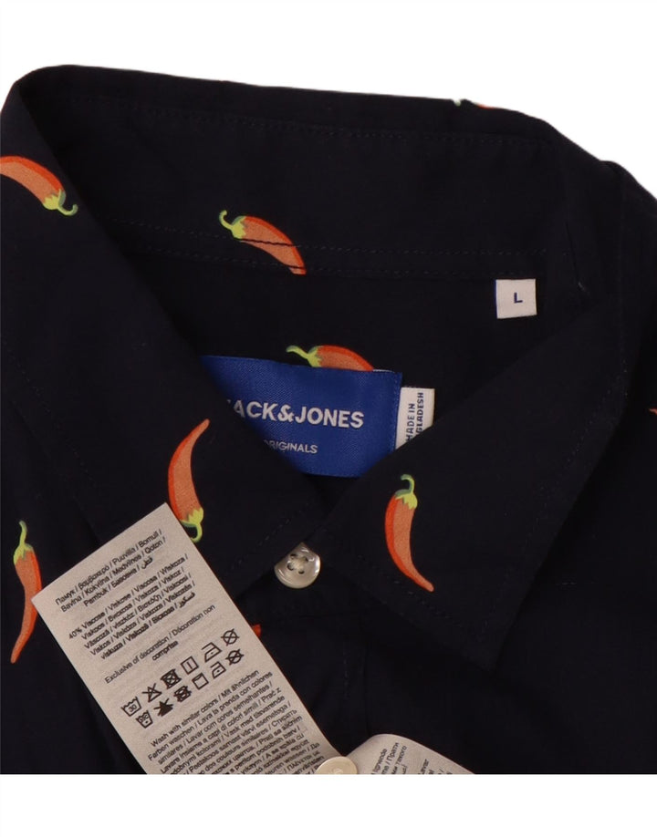 JACK & JONES Mens Short Sleeve Shirt Large Navy Blue Cotton Vintage Jack & Jones and Second-Hand Jack & Jones from Messina Hembry 
