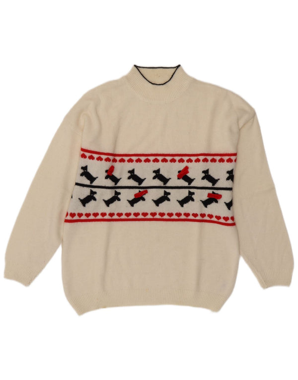 ВИНТАЖНЫЙ женский джемпер с высоким воротником, Великобритания, 16, большой белый, с жаккардовым узором